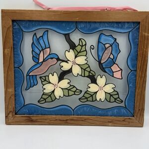 VTG Hummingbird Faux Stained Glass Panel Wood Frame Floral Suncatcher 13x16